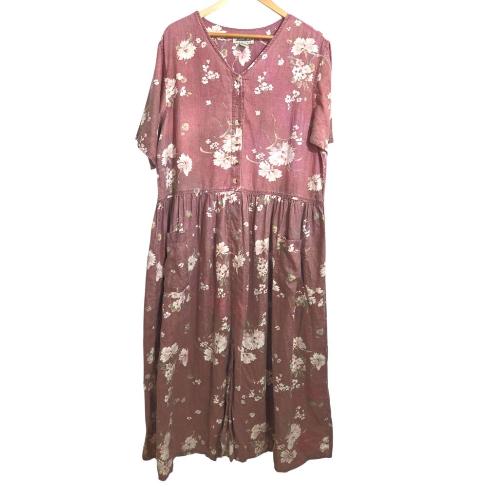 Vintage Eddie Bauer Patina 100% Linen Ombre Floral Hong Kong Oversized Dress - M